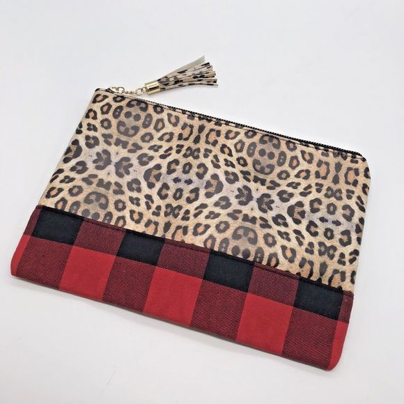 The Haven Leopard & Red Buffalo Check Makeup or Cosmetic Tassel Zip Clutch 11x8" - Picture 1 of 5